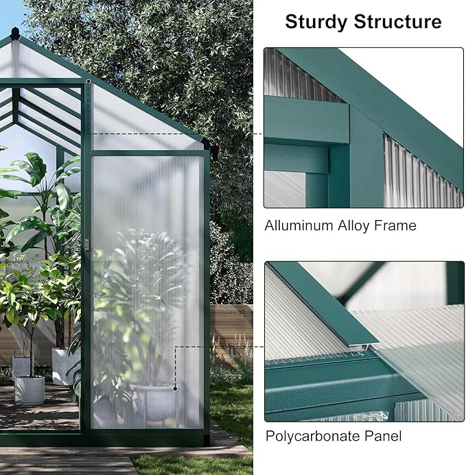 10x6.25FT Greenhouse,Easy Assembly Aluminum Polycarbonate Walk-in Greenhouse with Roof Vent, Large Outdoor Garden Green House,Patio,Backyard,Green