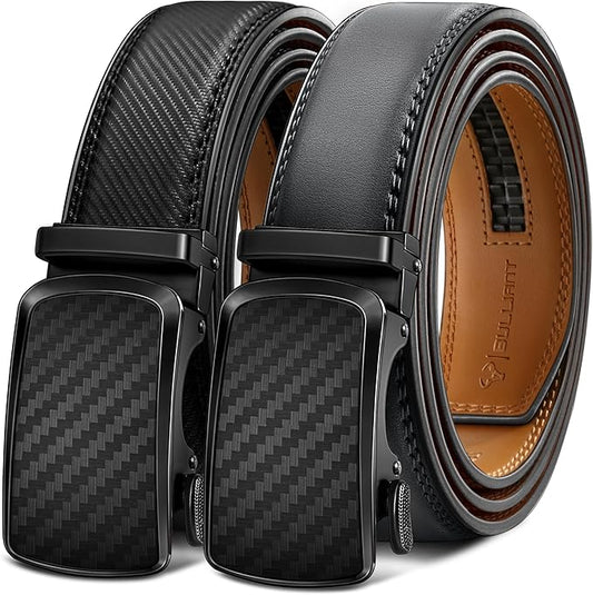 BULLIANT Men's Ratchet Belt 2 Pack-Click Leather Belt Adjustable for Men Gift 1 3/8-Cut for Perfect Fit