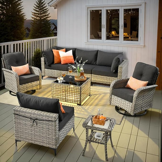 HOOOWOOO Outdoor Patio Furniture Set,8 Pieces Wicker Out Door Sectional Furniture L Shaped Couch,Patio Conversation Sets with Swivel Rocking Chair LED Table,Black