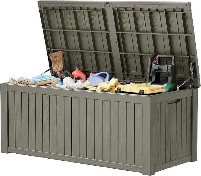 NUNU LAB 150 Gallon Outdoor Storage Box,Resin Large Sturdy Deck Box, Backyard Outside Storage Box Waterproof with Double Wall Panels,Package Delivery Garden Outdoor Hose