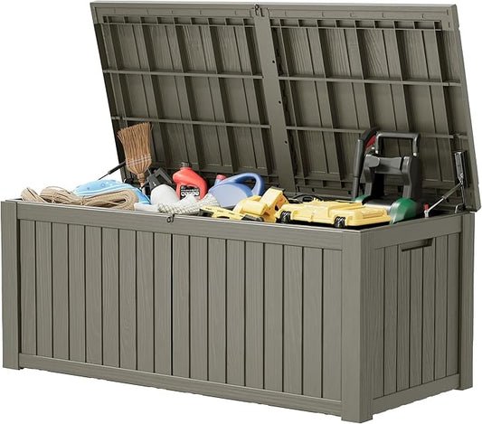 NUNU LAB 150 Gallon Outdoor Storage Box,Resin Large Sturdy Deck Box, Backyard Outside Storage Box Waterproof with Double Wall Panels,Package Delivery Garden Outdoor Hose