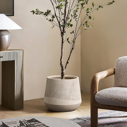 LuxenHome 17" Dia Concrete Round Planter, Large Outdoor Indoor Plant Pot with Drainage Hole and Rubber Plug, Flower Pot for Plants, Blended Tan with Wood Pattern Planter for Home Garden Patio