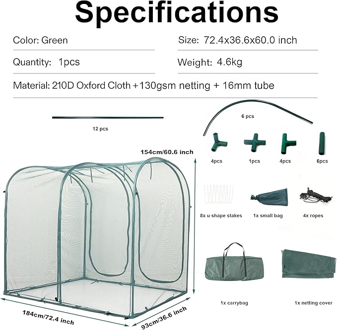 Poray Large Tunnel 73''x37''x61''Plant Netting Cover,5FT Tall Crop Cage Tomato Netting,Pest Guard Cover for Vegetables &Fruits,Durable Gardening Net for Plant and Animal