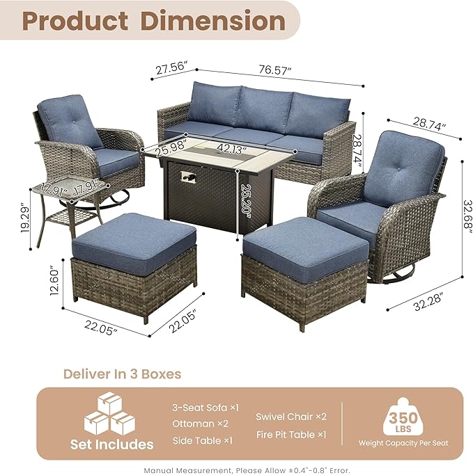 HOOOWOOO Outdoor Patio Furniture Set,7 Pieces Wicker Conversation Set,All Weather Couch Set with Fire Pit Table Swivel Chairs Ottoman 7 Seaters for Out Door Yard(Denim Blue)