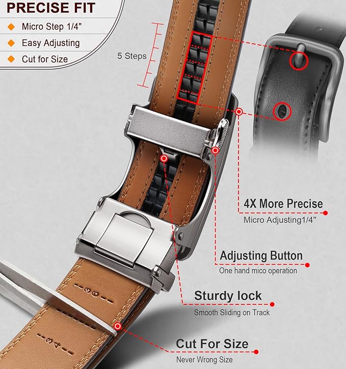 BULLIANT Men's Ratchet Belt 2 Pack-Click Leather Belt Adjustable for Men Gift 1 3/8-Cut for Perfect Fit