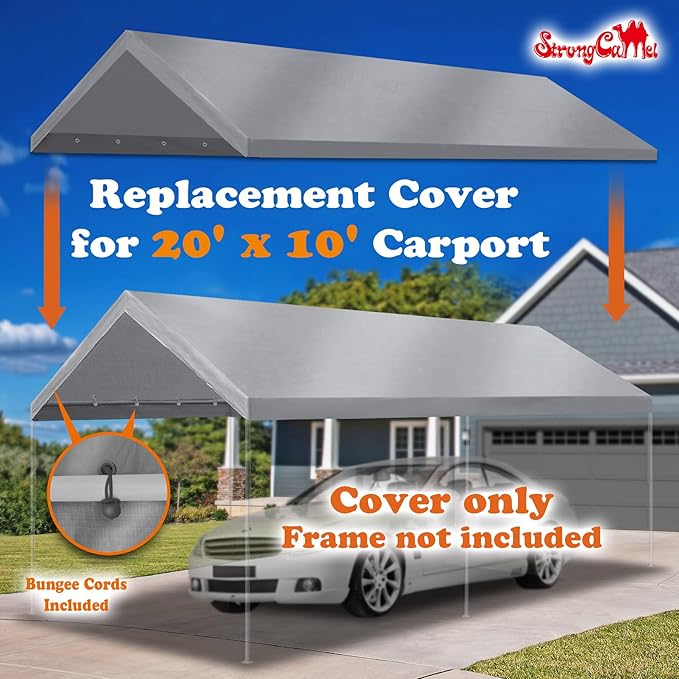 Strong Camel 10'x20' Carport Replacement Canopy for Tent Top Garage Shelter with Ball Bungees (Only Cover, Frame Not Included) (Silver, 10x20)