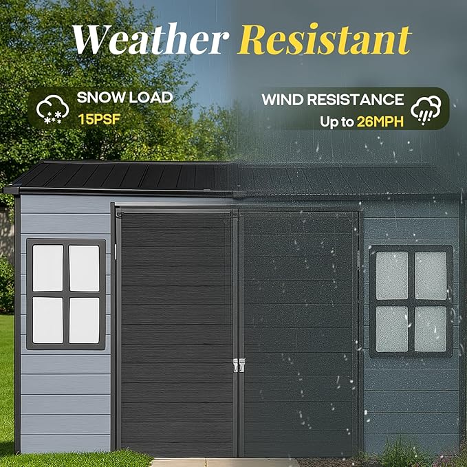 8x4ft Resin Outdoor Storage Shed with Floor and 2 Windows, Plastic Sheds & Outdoor Storage Clearance for Patio Furniture,GardenTools, Bike Accessories and Lawn Mower, Black+Grey