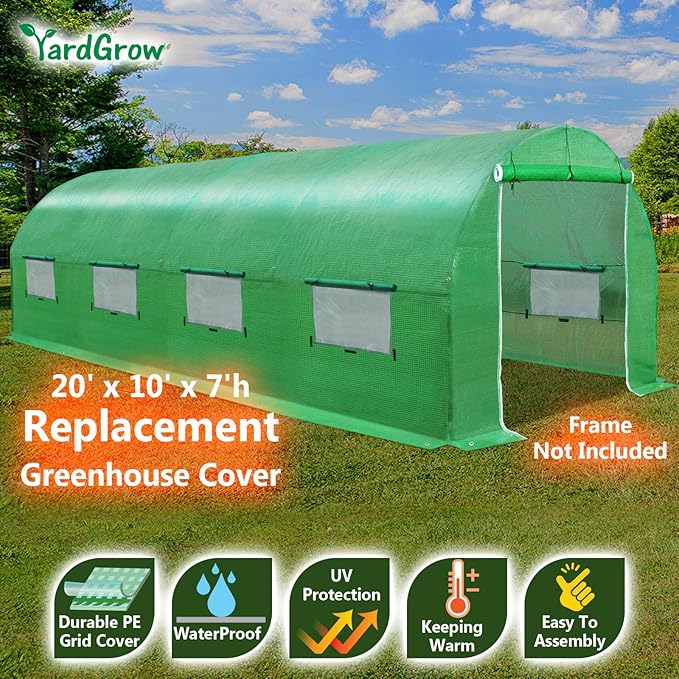 YardGrow Greenhouse Replacement Cover Larger Walk in Outdoor Plant Gardening Greenhouse (Frame Does NOT Included) (Green, 20'x10'x7')