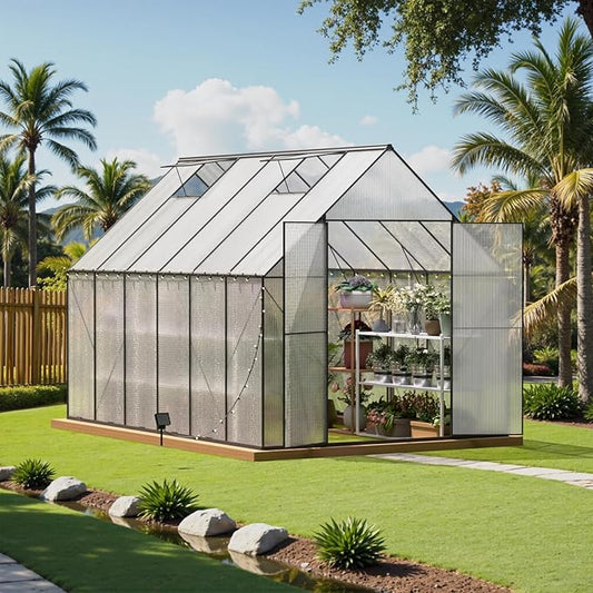 8x12 FT Green House for Outside, Greenhouse for Outdoor, Backyard Green House, Walk-in Garden Greenhouse, Heavy Duty Polycarbonate Greenhouses