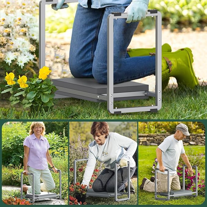 FLINTER 10.2" Wider Garden Kneeler and Seat, Heavy Duty Thick Gardening Bench for Kneeling and Seat - Garden Tools with Bags, Gardening for Women, Grandparents, Gardeners, Mom & Dad - Grey