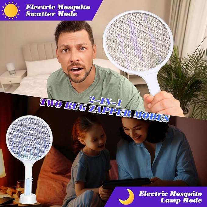 Qualirey 2 Pcs Electric Fly Swatter Racket 3000V 2 in 1 Bug Zapper Racket USB Rechargeable, Powerful Mosquitoes Trap Lamp and Fly Killer with 3 Layer Safety Mesh for Indoor Outdoor (White,Round)