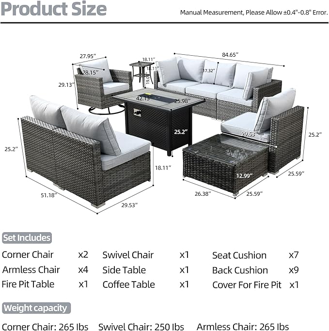 HOOOWOOO 10 Piece Patio Sectional Furniture Set with Fire Pit Table,Modern Wicker Outdoor Conversation Sofa Sets,Weather Resistant Modular L Shaped Outside Couch Swivel Chair Set(Light Grey)