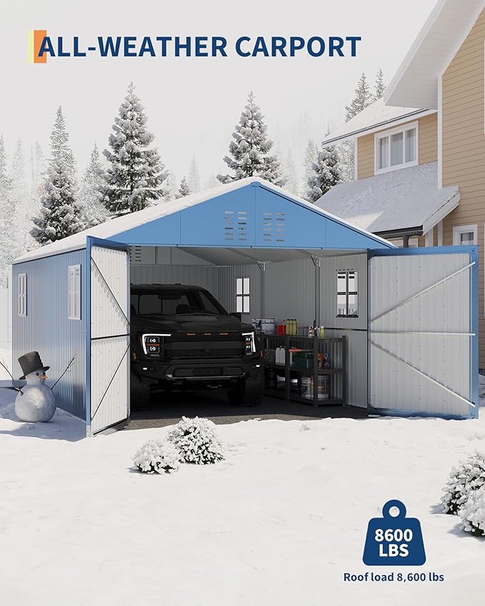 12x20 FT Metal Carport, Enclosed Car Port with Reinforced Frame and Steel Roof for All-Weather Use, Metal Garage Shed for Full-Sized Pickup Trucks