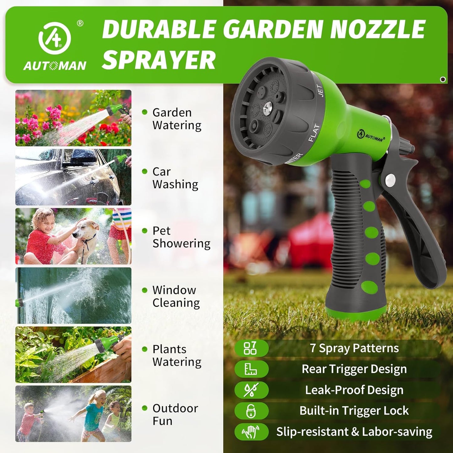 AUTOMAN-Garden-Hose-Nozzle,ABS Water Spray Nozzle with Heavy Duty 7 Adjustable Watering Patterns,Slip Resistant for Watering Plants,Lawn& Garden,Washing Cars,Cleaning,Showering Pets - Green