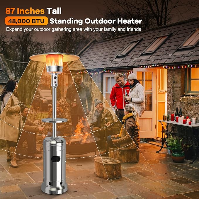 Giantex Outdoor Propane Heater, 48000 BTU Standing Gas Heater w/Shelf Tabletop & Wheels, Tip-Over Protection & Auto Shut Off, CSA Certified, Portable Patio Heater for Home & Commercial Use (Silver)
