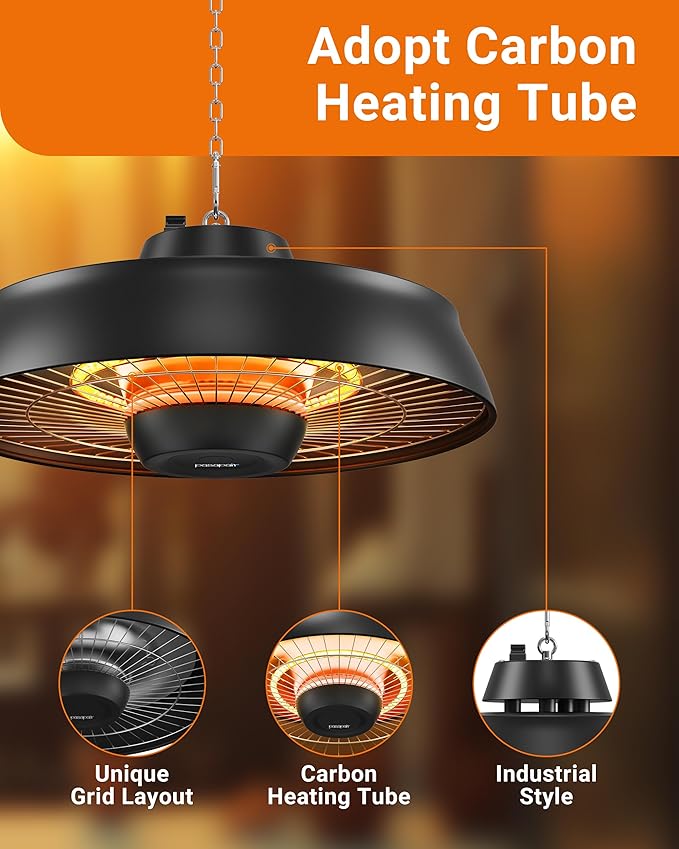 Pasapair Patio Heater - 1500W Outdoor Hanging Heater 3S Fast Heating with Remote - Adjustable Height Waterproof Infrared Mounted for Gazebo Garage - ETL Certified