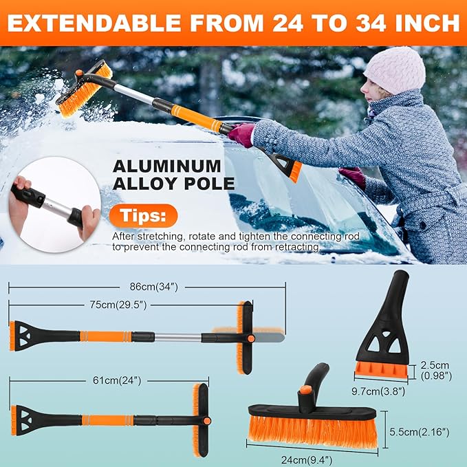 2 Pack Ice Scrapers for Car Windshield, 2-in-1 Snow Scraper and Snow Brush for Car SUV Truck, Car Ice Windshield Scraper for Ice and Snow with 360° Pivoting Brush and Ergonomic Foam Grip Orange