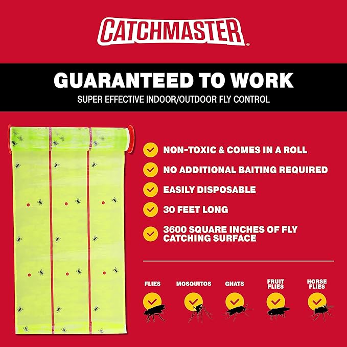 Catchmaster Giant Fly Glue Trap 1-Pack 30 Feet Each, Adhesive Fly Traps Outdoor, Sticky Bug Catcher, Bulk Flying Insect Paper Roll, Pet Safe Pest Control for Garage, Barn, Greenhouse & Garbage Room