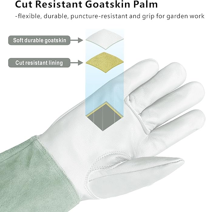 Leather Gardening Gloves – Goatskin Palm & Cowhide Cuff, Thorn-Resistant Long Garden Work Gloves for Men & Women(M)