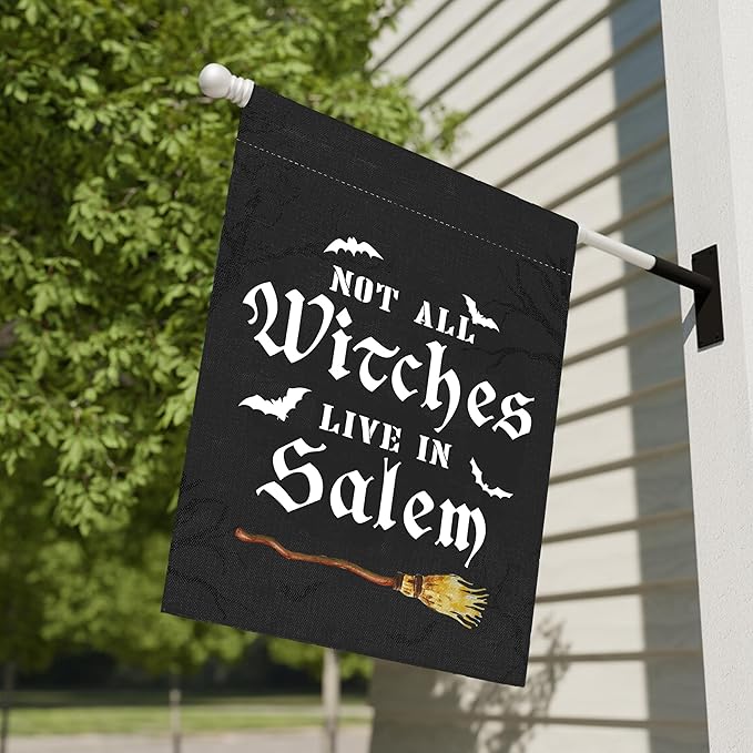 Not All Witches Live In Salem Broom Halloween Garden Flag for Outside, 12x18 Inch Double Sided Halloween Yard Flag, Farmhouse Small Yard Flags for Outdoor Decorations, Holiday Decor Gifts-A13