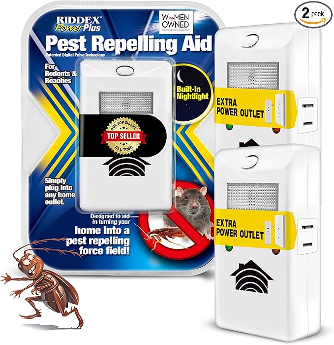 RIDDEX Power Plus Insect Repellent | Plug in, Mouse Deterrent - Pest Control for Defense Against Rats, Mice, Roaches, Bugs and Insects | Control Pests with No Toxins with Side Outlet | 2-Pack