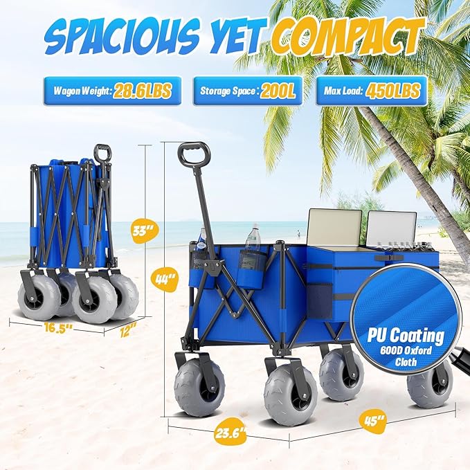 Beach Wagon with Big Wheels for Sand, 450lbs Heavy Duty Folding Wagon, Oversized 200L, 9" PVC All-Terrain Wheels, Adjustable Handle, Cooler & Storage Bags for Beach, Camping, Garden & Outdoor Sports