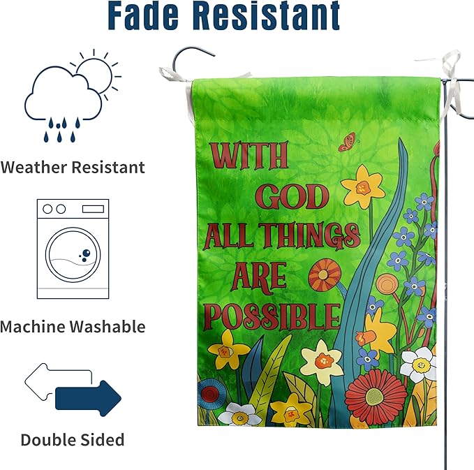 Religious Garden Flags Christian Flags for Outside Spring Floral Yard Flags Small Summer Outdoor Flag Green Flower with God All Things are Possible Banner 12x18 Double Sided