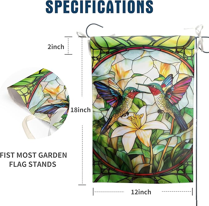 Stained Glass Hummingbird Garden Flags Floral Spring Flag Summer Flower Yard Flags for Outside 12x18 Double Sided Small Outdoor Seasonal Flags for Lawn Porch Patio Decor
