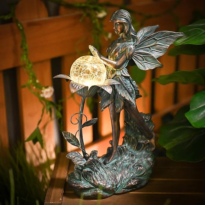 TERESA'S COLLECTIONS Garden Fairy Large Bronze Garden Sculptures & Statues Resin with Solar Outdoor Light, Valentines Decorations Lawn Ornaments for Outdoor Decor, Gifts for Women Mom, 10.6"