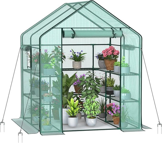 Walk-in Outdoor Greenhouse with 2 Mesh Windows, 4 Tiers, and 10 Shelves - Durable PE Cover, Pegs and Ropes for Stability- Perfect for Outdoor Gardens, Plants, Herbs, and Flowers (56x56x78 Green)