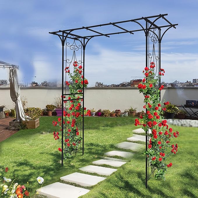 Metal Garden Arch, Garden Arch Trellis for Climbing Plants Outdoor, Garden Arbor for Weddings Party Events Decoration, 80" L X 20.5" W X 81" H, Black