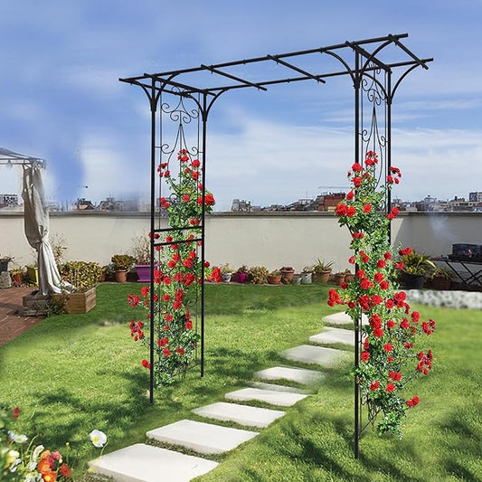 Metal Garden Arch, Garden Arch Trellis for Climbing Plants Outdoor, Garden Arbor for Weddings Party Events Decoration, 80" L X 20.5" W X 81" H, Black