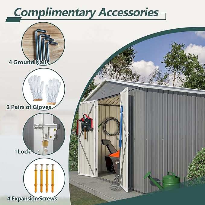 10×10 FT Outdoor Storage Shed,Metal Aluminum Waterproof Tool Sheds with Doors and Vents,Heavy-Duty Sheds Unit W/Lock and Key,for Storing Bicycles,Lawnmowers,Barbeques,Gray
