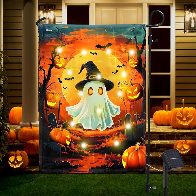FLAGWIX Halloween Garden Flag - Solar Flag Light for Garden Decor 11.5"x17.5" - Fall Garden Flags for Halloween Decorations, Yard Flags for Fall Outdoor Decor, Outside Decorations for Yard