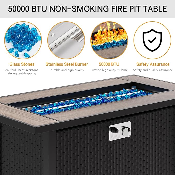 Meilocar 45in Fire Table, Propane Fire Pit with Glass Wind Guard and Rain Cover, Outdoor Firepit Table 50000 BTU 3-in-1 Fire Table for Patio/Yard/Balcony, Walnut Tabletop