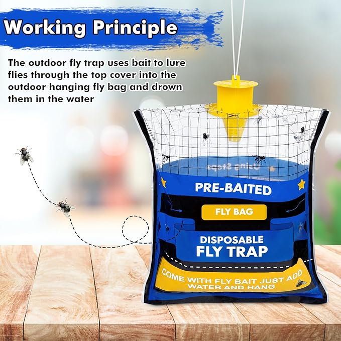 8 Fly Traps Hanging Outdoor, Natural Pre-Baited Fly Bag Outdoor Disposable, Fly Catcher, Killer, Hunter, Stable, Farm, Barn, Ranch, Fly Trap for Mosquitoes