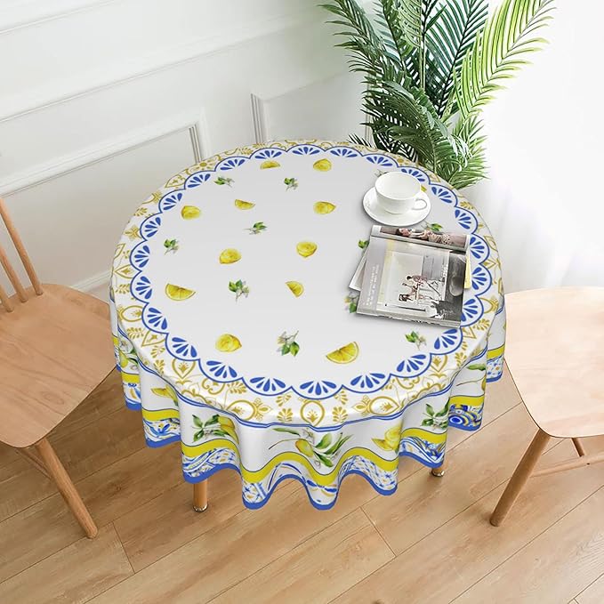 Giwawa Decorative Lemon Round Tablecloth Waterproof Table Cloth Wrinkle Free Tablecloths for Parties Wedding & Holiday Kitchen Dinner(60 Inch Round)