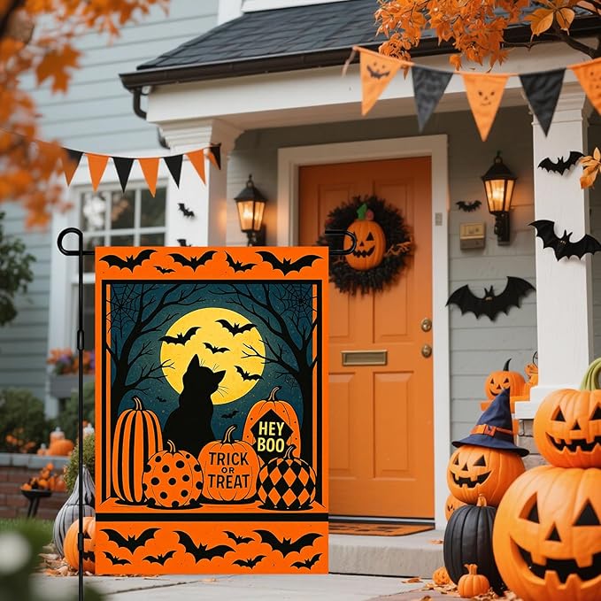 IVN Spooky Halloween Garden Flag 12x18 Inch Double Sided Black Cat Witch Pumpkin Jack O’ Lantern Trick or Treat Outdoor Fall Yard Flag for Outside Home Front Door Lawn Porch Patio Welcome Decor