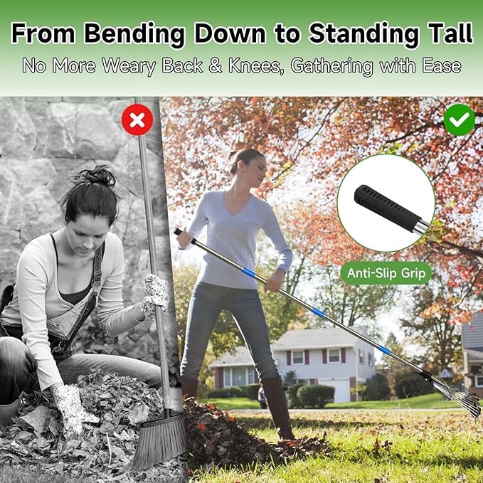 SAN LIKE 68" Metal Rake With Adjustable Handle for Leaves, Thatch, and Lawns - Heavy Duty Leaf Collector for Garden and Yard