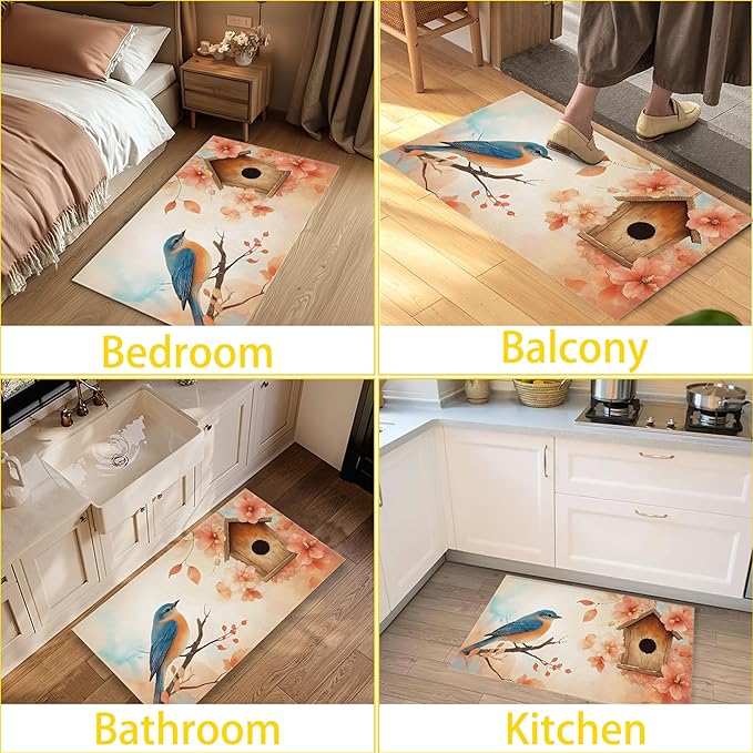 Watercolor Blue Bird Indoor Outdoor Rugs,Spring Flowers Doormat Outside Entrance,Non-Slip Welcome Mat Indoor Felt Floor Mat for Back Door Patio, Porch,Home Entryway,30 x 17 Inch