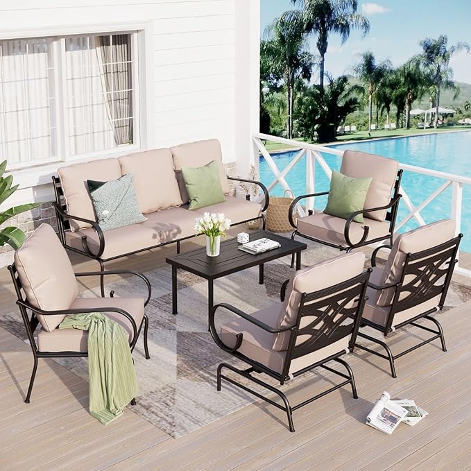Sophia & William Patio Furniture Set Outdoor Couch Sofa, 6 Piece Outdoor Conversation Sets 7 Seat Clearance with 3-seat Sofa x 1, Rocking Chair x 2, Cushioned Chair x 2, Metal Coffee Table x 1, Beige