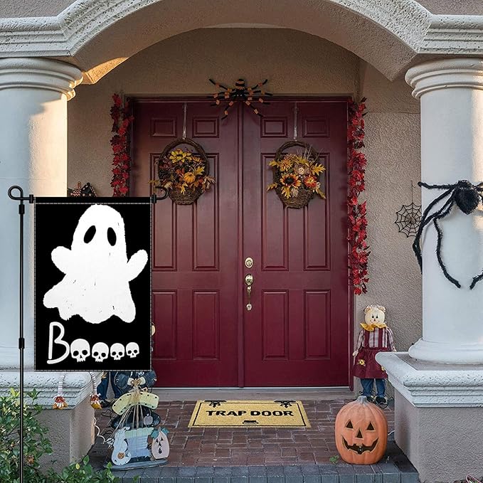 ChloropLastid Halloween Ghost Garden Flag Double Sided 12x18 Inch Scary Boo Black Holiday Yard Flag Small Burlap Outdoor Decorations