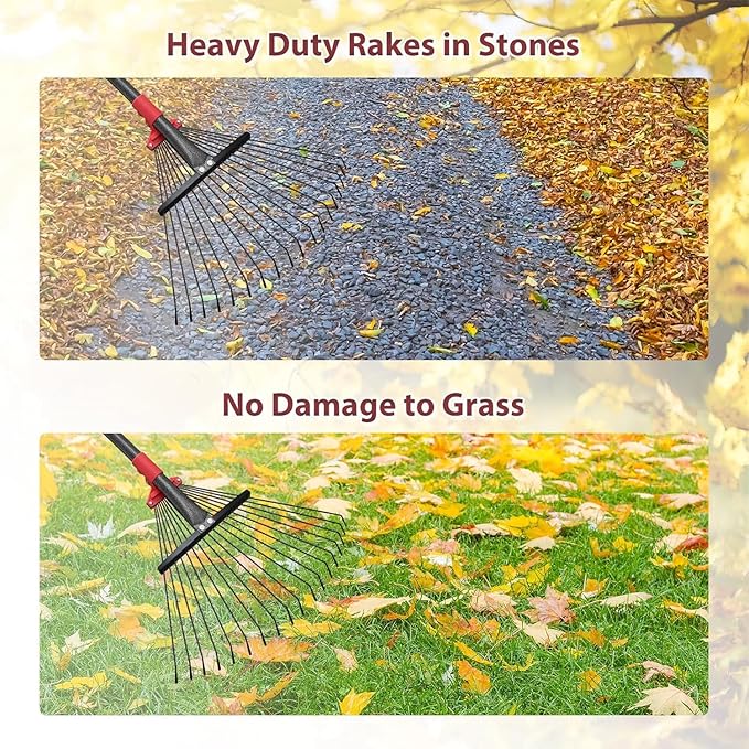 91 Inch Rake for Leaves , Adjustable 18 Tines with Expandable Head 9-18in Grass Rake Heavy Duty Metal Rakes for Women Children Yard Gardener Gardening Grass Debris Lawns