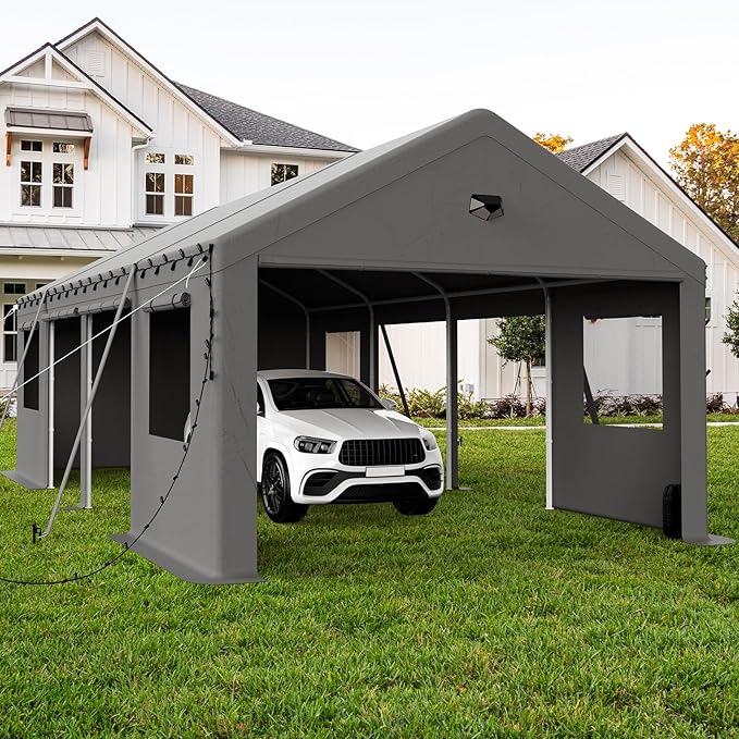 13x25 Carport, Heavy Duty Carport Canopy Garage with Removable Sidewalls and Drive Through Roll Up Zipper Doors & Side Doors, Grey