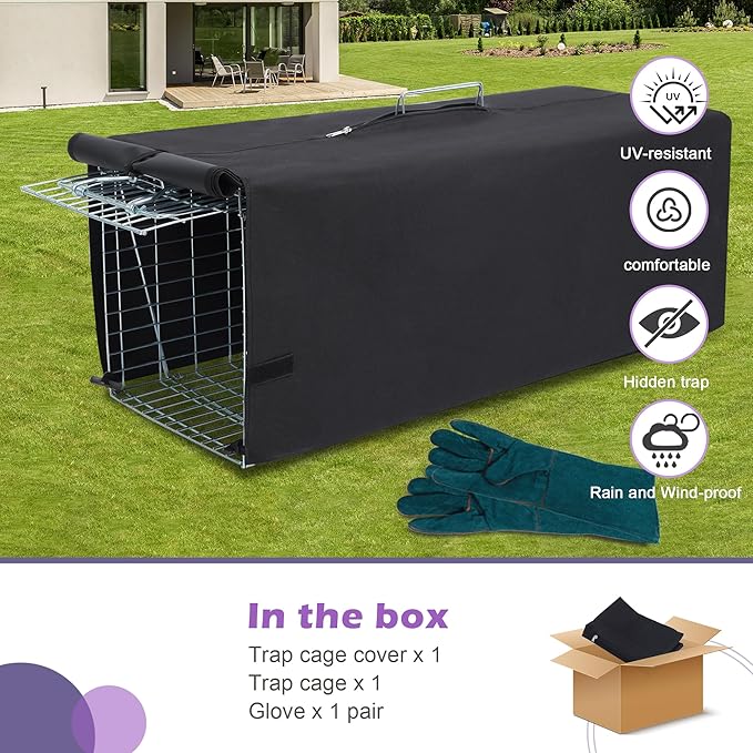 Live Animal Trap Cage with Cover and Gloves, Heavy Duty Folding Animal Traps Cage for Stray Cats, Humane Cat Trap for Raccoon, Squirrel, Skunk, Catch and Release - (32 x 10 x 12 inches)