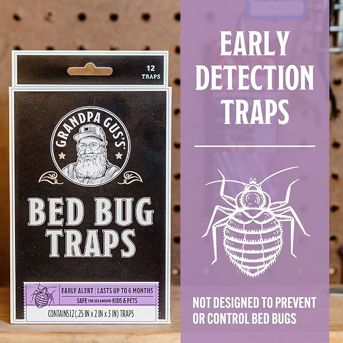 Grandpa Gus's Bed Bug Glue Traps for Home & Travel, Early Detection, Lasts up to 6 Months, Small & Discreet Patented Crush-Proof Design (Pack of 12)