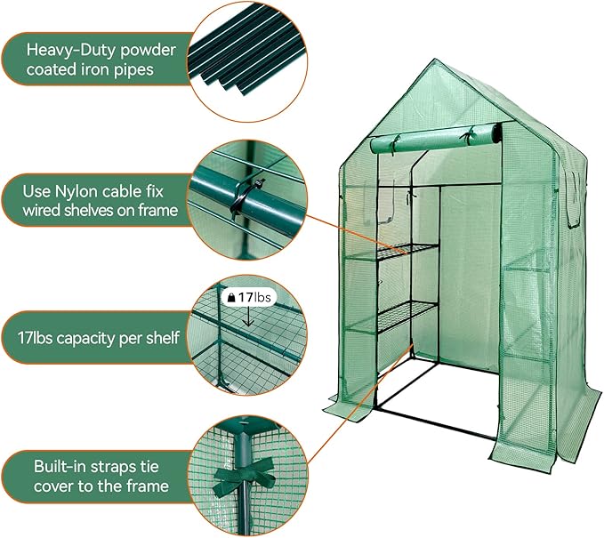 Walk in Greenhouse with Shelves,Walk-in Plant Plastic Green House with Windows Green PE Cover, 3 Tiers 6 Shelves Greenhouse Frame Stands with Ground Pegs & Ropes,56" L x 29" W x 77" H
