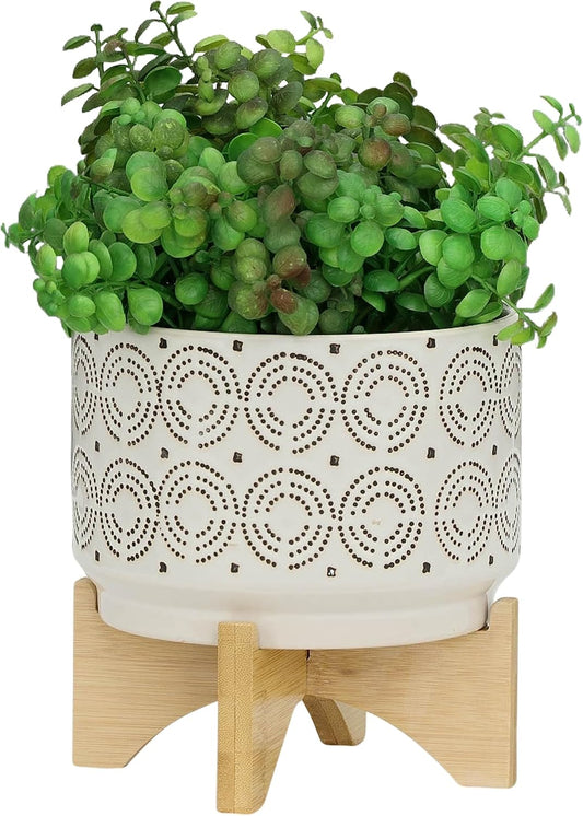 Sagebrook Home Ivory Ceramic Planter with Wooden Stand - Decorative Indoor/Outdoor Plant Pot - Modern Boho Home & Garden Decor - Stylish Round Flower Pot for Succulents & Herbs - 8", Ivory & Tan