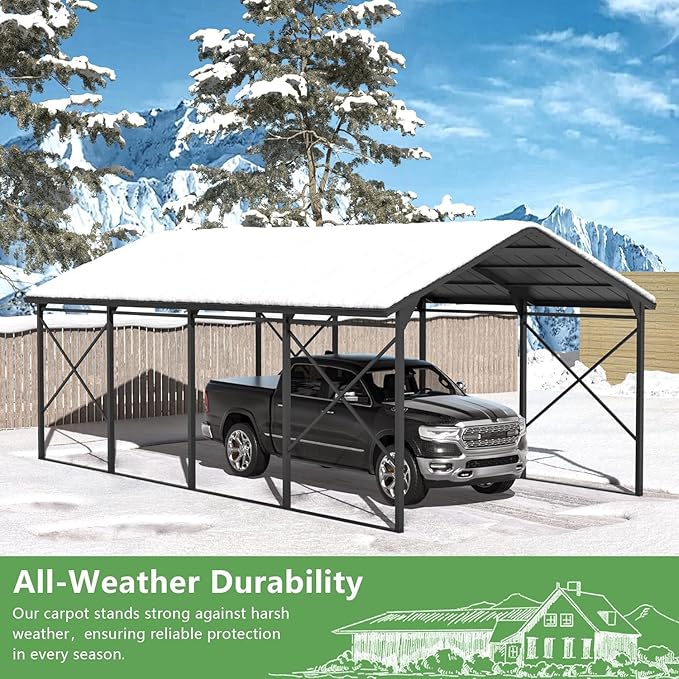 12X22FT Metal Carport Outdoor Carport Canopy Heavy Galvanized Garage Car Shelter with Enhanced Base and Roof, Duty Garage Shelter for Cars Boats Pickups Trucks