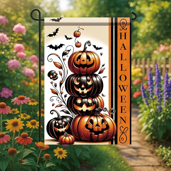 Halloween Garden Flag Halloween Pumpkin Stack Flag 12x18 Inch Double Sided for Trick or Treat Spooky Yard Small Banner Fall Party Outdoor Decor